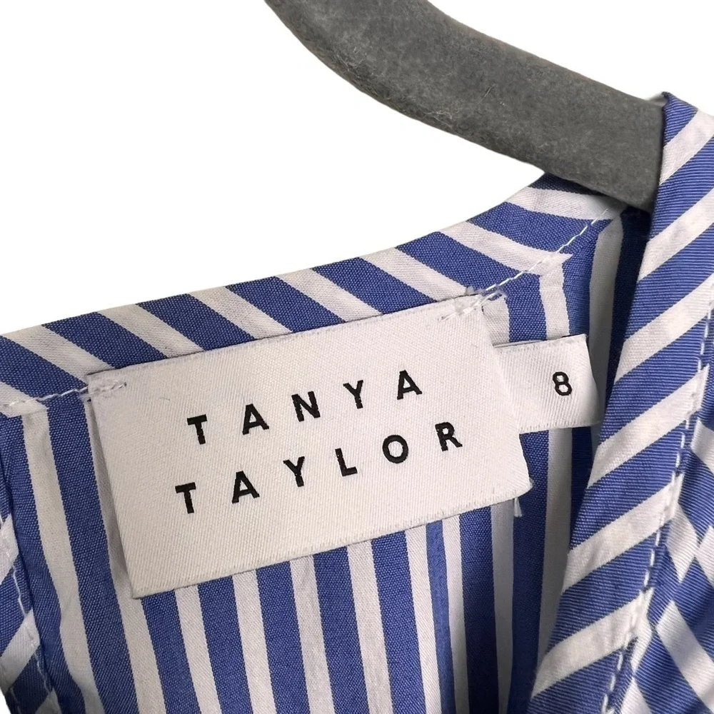 Tanya Taylor Pilar Striped Ruffle-Trim Blouse size 8 Blue White Cotton Blend - Picture 7 of 14